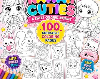 Puede incluir: Una portada de libro para colorear titulada Kawaii Cuties A Sweet Coloring Journey que presenta 100 adorables páginas para colorear. La portada muestra dibujos de líneas en blanco y negro de personajes, animales y dulces.