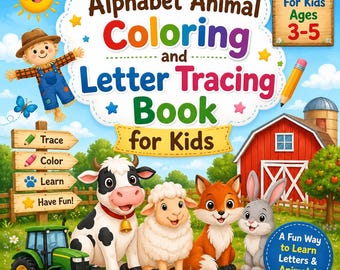 Puede incluir: Portada de libro infantil colorida con el título "Alphabet Animal Coloring and Letter Tracing Book for Kids". La portada presenta una escena de granja de dibujos animados con una vaca, una oveja, un zorro y un conejo. Para niños de 3 a 5 años.