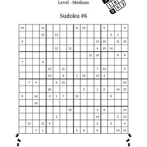 Op de afbeelding: Een zwart-wit Colossal 16x16 Sudoku-puzzel met de titel "Sudoku #6" en een gemiddeld moeilijkheidsniveau. Het raster is gevuld met getallen en de titel en instructies staan bovenaan.