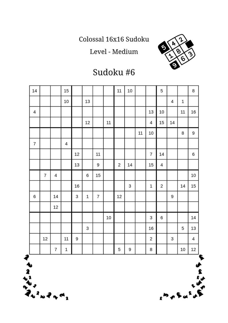 Op de afbeelding: Een zwart-wit Colossal 16x16 Sudoku-puzzel met de titel "Sudoku #6" en een gemiddeld moeilijkheidsniveau. Het raster is gevuld met getallen en de titel en instructies staan bovenaan.