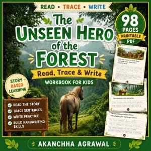 May include: A 98-page printable PDF workbook titled The Unseen Hero of the Forest, featuring a horse in a forest setting. The cover includes text for reading, tracing, and writing practice, along with examples of handwriting worksheets for children.