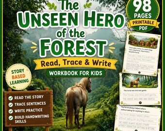 Puede incluir: Un libro de ejercicios en PDF imprimible de 98 páginas titulado The Unseen Hero of the Forest, que muestra un caballo en un entorno forestal. La portada incluye texto para leer, trazar y escribir, junto con ejemplos de hojas de caligrafía.