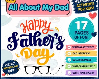 Puede incluir: Un libro de actividades imprimible titulado All About My Dad con un icono de corona, el texto Happy Father's Day y gafas negras. El gráfico incluye 17 páginas de actividades de escritura, una entrevista a papá, dibujos para colorear y un diploma.