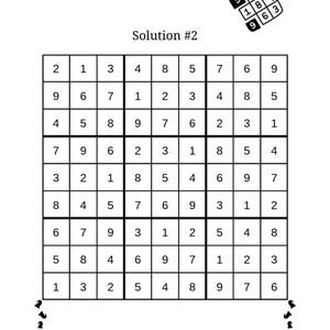 Op de afbeelding: Een witte Sudoku-puzzel met een 9x9 raster, met cijfers en de tekst "Brain Booster: 9x9 Sudoku Challenge" en "Level - Medium". De oplossing is gelabeld als "Solution #2".