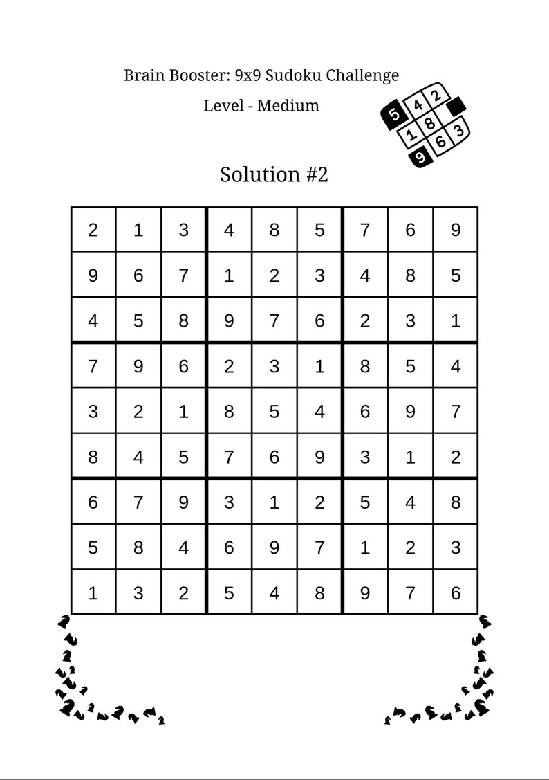 Op de afbeelding: Een witte Sudoku-puzzel met een 9x9 raster, met cijfers en de tekst "Brain Booster: 9x9 Sudoku Challenge" en "Level - Medium". De oplossing is gelabeld als "Solution #2".