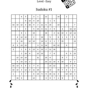 Op de afbeelding: Een zwart-wit Sudoku-puzzel met de tekst "Colossal 16x16 Sudoku" en "Niveau - Gemakkelijk". Het raster is gevuld met getallen en de titel "Sudoku #1" wordt weergegeven. Een kleine Sudoku-oplossing staat in de rechterbovenhoek.