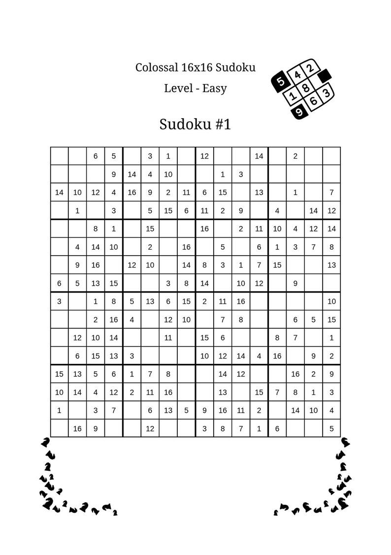 Op de afbeelding: Een zwart-wit Sudoku-puzzel met de tekst "Colossal 16x16 Sudoku" en "Niveau - Gemakkelijk". Het raster is gevuld met getallen en de titel "Sudoku #1" wordt weergegeven. Een kleine Sudoku-oplossing staat in de rechterbovenhoek.