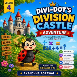 Può includere: Una colorata copertina di un libro di esercizi didattici intitolato Divi-Dot's Division Castle Adventure Volume 4 di Akanchha Agrawal. Raffigura una coccinella dei cartoni animati con un fagotto verde a pois su un sentiero verso un castello.