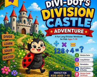 Puede incluir: Una colorida portada de libro de ejercicios educativos titulada Divi-Dot's Division Castle Adventure Volume 4 de Akanchha Agrawal. Muestra una mariquita de dibujos animados con un hatillo verde de lunares en un camino hacia un castillo.