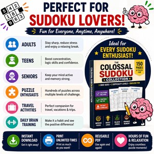 Op de afbeelding: Een promotieafbeelding voor een Sudoku-puzzelboek met de tekst "Perfect voor Sudoku Liefhebbers!". Het adverteert 150 pagina's puzzels, 3 rastergroottes en 3 moeilijkheidsgraden. Inclusief een printbare PDF.