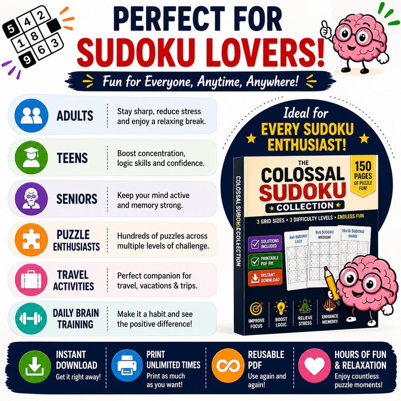 Op de afbeelding: Een promotieafbeelding voor een Sudoku-puzzelboek met de tekst "Perfect voor Sudoku Liefhebbers!". Het adverteert 150 pagina's puzzels, 3 rastergroottes en 3 moeilijkheidsgraden. Inclusief een printbare PDF.