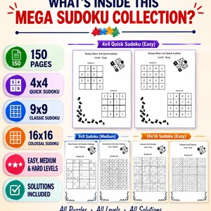 Op de afbeelding: Een promotieafbeelding voor een Mega Sudoku Collectie, met verschillende puzzeltypen zoals 4x4, 9x9 en 16x16. De afbeelding adverteert met gemakkelijke, gemiddelde en moeilijke niveaus, met 150 pagina's en oplossingen. De tekst luidt "Alle Puzzels, Alle Niveaus, Alle Oplossingen."