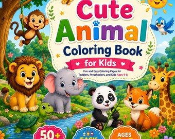 Puede incluir: Portada de un libro para colorear infantil titulado "Cute Animal Coloring Book for Kids". La imagen presenta animales de dibujos animados como un león, un elefante, un panda, un zorro y una jirafa. Incluye el texto "50+ páginas" y "Edades 4-8".