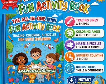 Puede incluir: Un libro de actividades azul titulado The All-In-One Mini Fun Activity Book con ilustraciones de tres niños, un león y un elefante. La portada incluye texto sobre calcar, colorear, rompecabezas, números y contar para niños de 3 a 5 años.