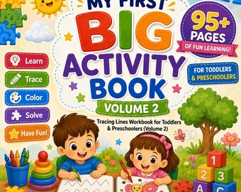 Puede incluir: Un libro de actividades para niños, "My First Big Activity Book Volume 2", con una portada colorida. Incluye ilustraciones de niños, un sol e iconos educativos. Está dirigido a niños pequeños y preescolares, con más de 95 páginas de actividades.