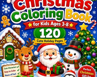 Puede incluir: Un libro de colorear de Navidad para niños de 3 a 8 años con 120 páginas festivas. La portada muestra un hombre de jengibre, una casa decorada, un reno, Papá Noel con un regalo, un muñeco de nieve y un pingüino sobre un fondo azul con nieve.