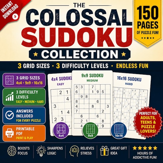 Mega Sudoku Printable Book 150 Pages Easy Medium Hard 4x4 9x9 16x16 With Answers