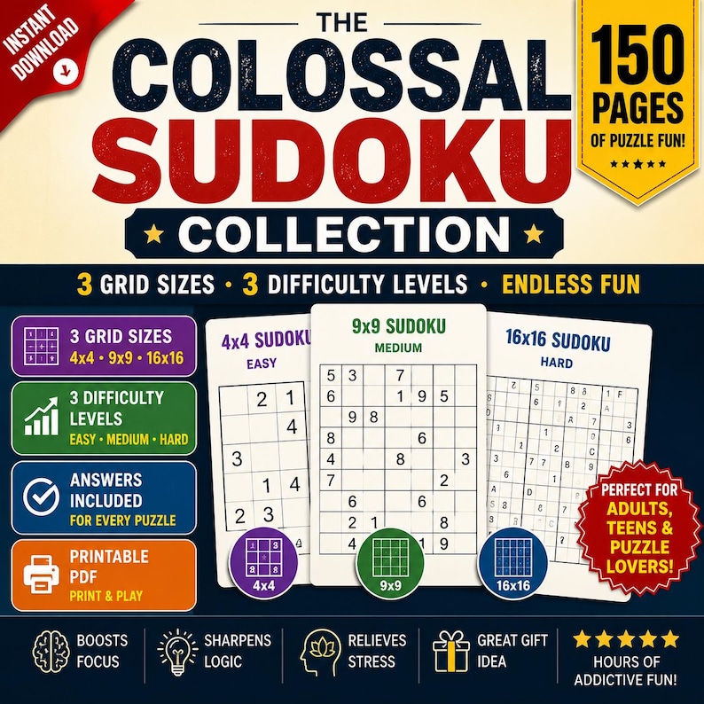 Op de afbeelding: De Colossal Sudoku Collection, een afdrukbare PDF met 150 pagina's puzzelplezier. Met 3 rastergroottes, 3 moeilijkheidsgraden en antwoorden inbegrepen. Leuk cadeau voor volwassenen, tieners en puzzelliefhebbers. Verbetert de focus en scherpt de logica.