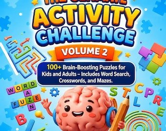 Op de afbeelding: Kleurrijke boekomslag voor "The Ultimate Activity Challenge Volume 2". De omslag toont de titel in geel en blauw, met een cartoonbrein dat een potlood vasthoudt. Bevat woordzoekers, kruiswoordraadsels en doolhoven voor kinderen en volwassenen.