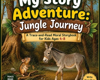 May include: A book cover titled My Story Adventure: Jungle Journey, A Trace-and-Read Moral Storybook for Kids Ages 4-8. The illustration features a brown mouse and a grey donkey in a forest setting, with text reading Trace Read Learn Grow.