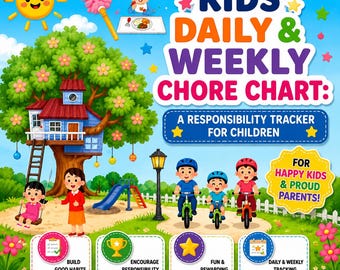 Puede incluir: Gráfico de tareas para niños colorido con el texto "KIDS DAILY & WEEKLY CHORE CHART: A RESPONSIBILITY TRACKER FOR CHILDREN". Presenta una casa en el árbol, niños jugando e iconos de recompensas.