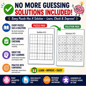 Op de afbeelding: Promotionele afbeelding voor een Sudoku puzzelboek. De afbeelding bevat een leeg en opgelost Sudoku-raster. Het benadrukt functies zoals oplossingen, eenvoudige antwoordcontrole en zelfleren. De tekst promoot afdrukbare PDF's en herbruikbare toegang.