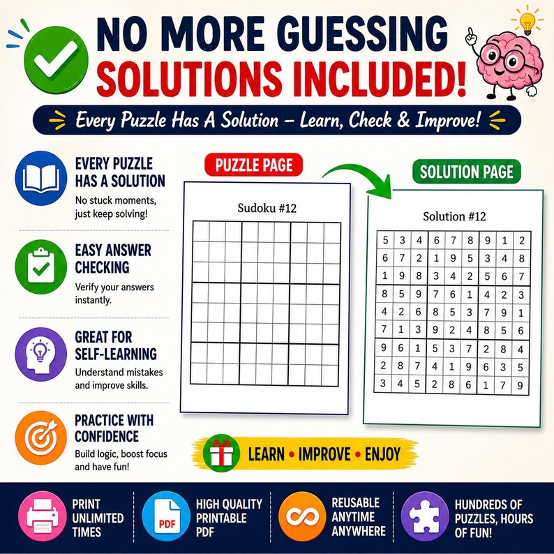 Op de afbeelding: Promotionele afbeelding voor een Sudoku puzzelboek. De afbeelding bevat een leeg en opgelost Sudoku-raster. Het benadrukt functies zoals oplossingen, eenvoudige antwoordcontrole en zelfleren. De tekst promoot afdrukbare PDF's en herbruikbare toegang.