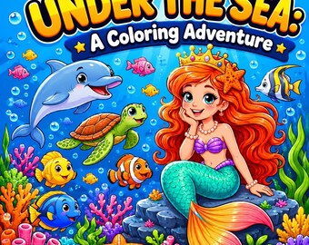 Puede incluir: Ilustración vibrante titulada "Under the Sea: A Coloring Adventure" con una sirena pelirroja, una corona y una estrella de mar. Un delfín, una tortuga y varios peces nadan en el océano azul. Corales y burbujas completan la escena submarina.
