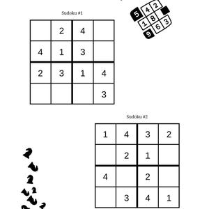 Op de afbeelding: Een wit vel met twee 4x4 Sudoku-puzzels. De tekst "Brainy Bites: 4x4 Quick Sudoku Level - Easy" staat bovenaan. De eerste puzzel heeft enkele getallen ingevuld. De tweede puzzel is ook gedeeltelijk ingevuld.