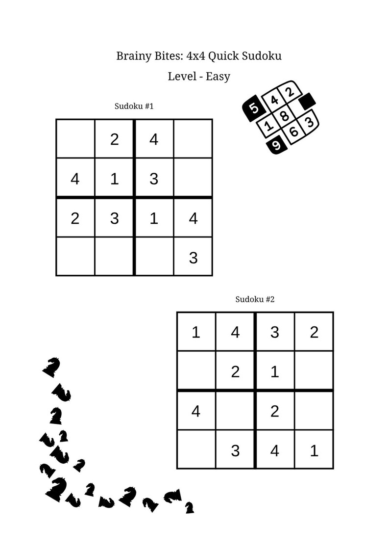 Op de afbeelding: Een wit vel met twee 4x4 Sudoku-puzzels. De tekst "Brainy Bites: 4x4 Quick Sudoku Level - Easy" staat bovenaan. De eerste puzzel heeft enkele getallen ingevuld. De tweede puzzel is ook gedeeltelijk ingevuld.
