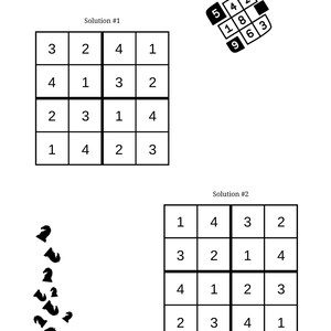 Op de afbeelding: Een wit vel papier met twee 4x4 Sudoku-puzzels met de titel "Brainy Bites: 4x4 Quick Sudoku Level - Easy". Elke puzzel heeft getallen in het raster. Rechtsboven staat een klein diagram met getallen.