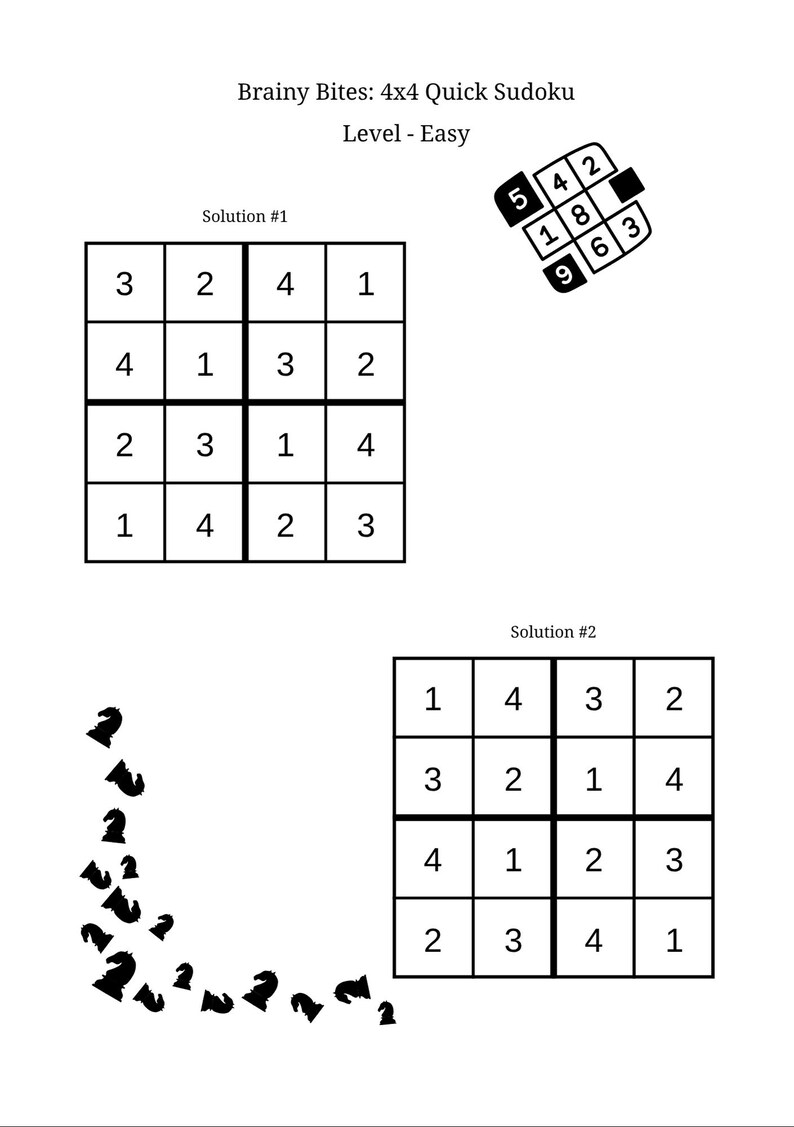 Op de afbeelding: Een wit vel papier met twee 4x4 Sudoku-puzzels met de titel "Brainy Bites: 4x4 Quick Sudoku Level - Easy". Elke puzzel heeft getallen in het raster. Rechtsboven staat een klein diagram met getallen.