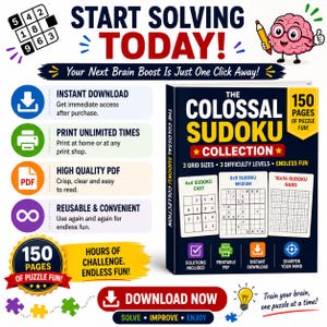 Op de afbeelding: Een afbeelding van het boek "The Colossal Sudoku Collection" met 150 pagina's puzzelplezier. De zwarte kaft met gele tekst toont verschillende rastergroottes. Pictogrammen voor direct downloaden en printbare PDF.