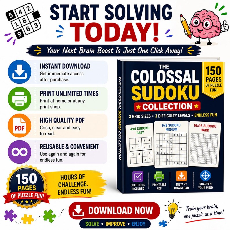 Op de afbeelding: Een afbeelding van het boek "The Colossal Sudoku Collection" met 150 pagina's puzzelplezier. De zwarte kaft met gele tekst toont verschillende rastergroottes. Pictogrammen voor direct downloaden en printbare PDF.