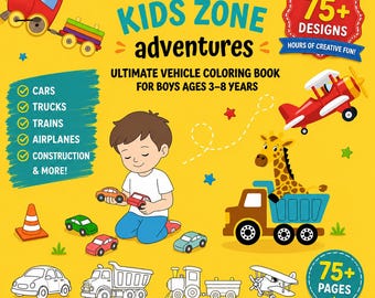 Puede incluir: Una vibrante portada de libro para colorear infantil de color amarillo con el título "KIDS ZONE adventures". La portada presenta ilustraciones de coches, camiones, trenes y aviones. El libro es para niños de 3 a 8 años y tiene más de 75 diseños y páginas.