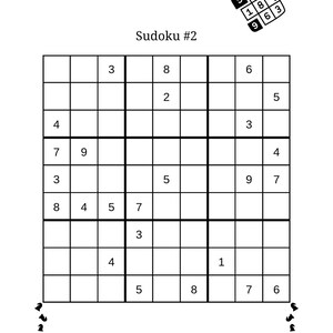 Op de afbeelding: Een zwart-wit Sudoku-puzzel met het label "Sudoku #2" met een 9x9 raster. De tekst "Brain Booster: 9x9 Sudoku Challenge" en "Level - Medium" staan bovenaan. Cijfers zijn vooraf ingevuld in sommige vakken.