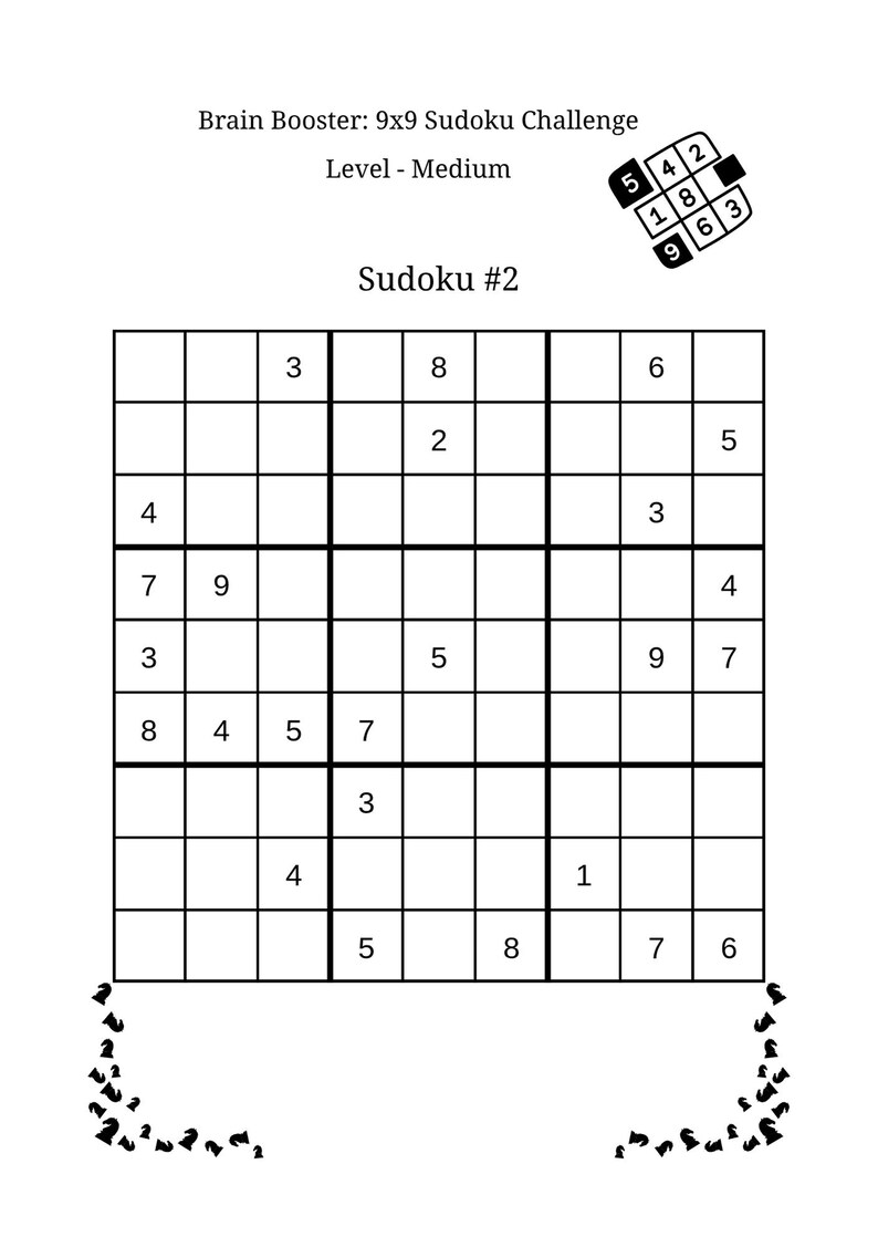Op de afbeelding: Een zwart-wit Sudoku-puzzel met het label "Sudoku #2" met een 9x9 raster. De tekst "Brain Booster: 9x9 Sudoku Challenge" en "Level - Medium" staan bovenaan. Cijfers zijn vooraf ingevuld in sommige vakken.