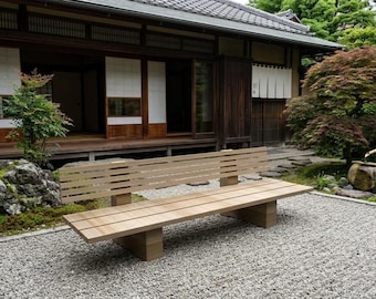 May include: A long, light-colored wooden bench featuring a slatted backrest and a flat, horizontal seat. The bench is constructed with thick, block-style legs and horizontal wooden planks, showcasing a natural wood grain finish throughout.