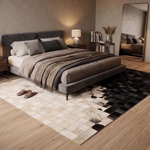 Schwarz-weißer Rindslederteppich, handgefertigter Patchwork-Lederteppich, moderner Farbverlaufsteppich, luxuriöser zeitgenössischer Bodendekor, Teppich in benutzerdefinierten Größen
