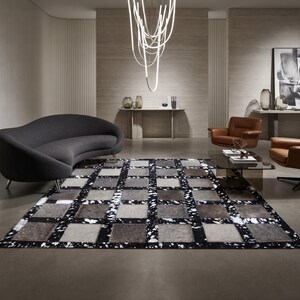 Modern Checkerboard Cowhide Patchwork Rug | Handmade Hair on Hide Leather Area Rug | Black Silver Geometric Luxury Carpet