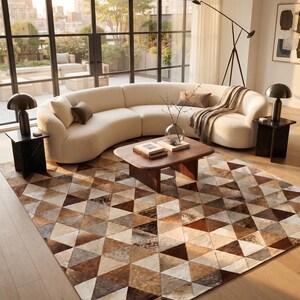 Handmade Triangle Cowhide Leather Rug, Brown Beige Ivory Patchwork Area Rug, Modern Geometric Hair on Hide Carpet