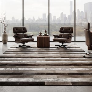 Handmade Hair on Hide Leather Rug, Brown Stripe Patchwork Cowhide Area Rug, Luxury Contemporary Living Room Floor Rug