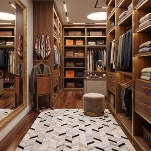 Puede incluir: Un lujoso vestidor con estanterías, cajones y barras para colgar ropa de madera oscura. El vestidor cuenta con un espejo grande, una alfombra estampada y una variedad de bolsos y ropa. El espacio está bien iluminado con iluminación empotrada.