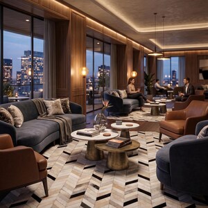Può includere: Un'area lounge lussuosa con vista sulla città. Dispone di divani grigi, poltrone in pelle marrone e tavolini rotondi. La stanza ha un tappeto fantasia e ampie finestre. L'illuminazione è calda, creando un'atmosfera accogliente.