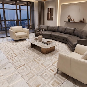 May include: A contemporary living room with a dark grey leather sofa, two cream armchairs, and a marble coffee table. The floor is covered by a patterned rug in neutral tones. Large windows provide a view of the city.