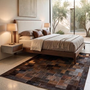 Tappeto di lusso in pelle bovina patchwork fatto a mano / Tappeto geometrico in pelle marrone scuro e nero / Tappeto moderno astratto in pelle per arredamento di lusso