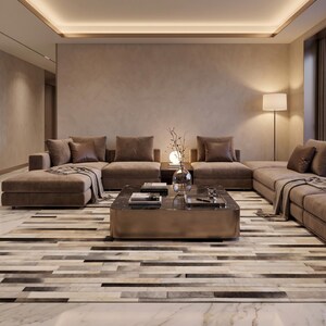 Modern Hair on Hide Leather Rug | Gray Beige Patchwork Cowhide Area Rug | Handmade Minimalist Carpet.