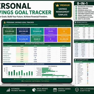 May include: A digital personal savings goal tracker template for Google Sheets displayed on a laptop screen. The interface features a dashboard with financial metrics, progress bars, bar charts, and tables for tracking savings goals, monthly contributions, and analytics.