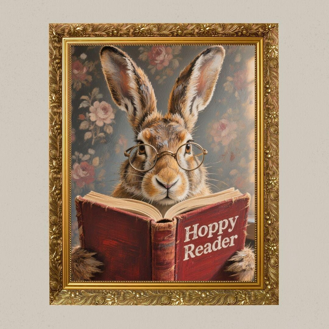 Bunny Reading Poster Print, Hoppy Reader Rabbit Wall Decor, Glasses ...