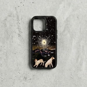 May include: Black phone case with a celestial design. It features a starry night sky, a bright moon, and two dogs. The case has text that reads "you see eternity same into the".